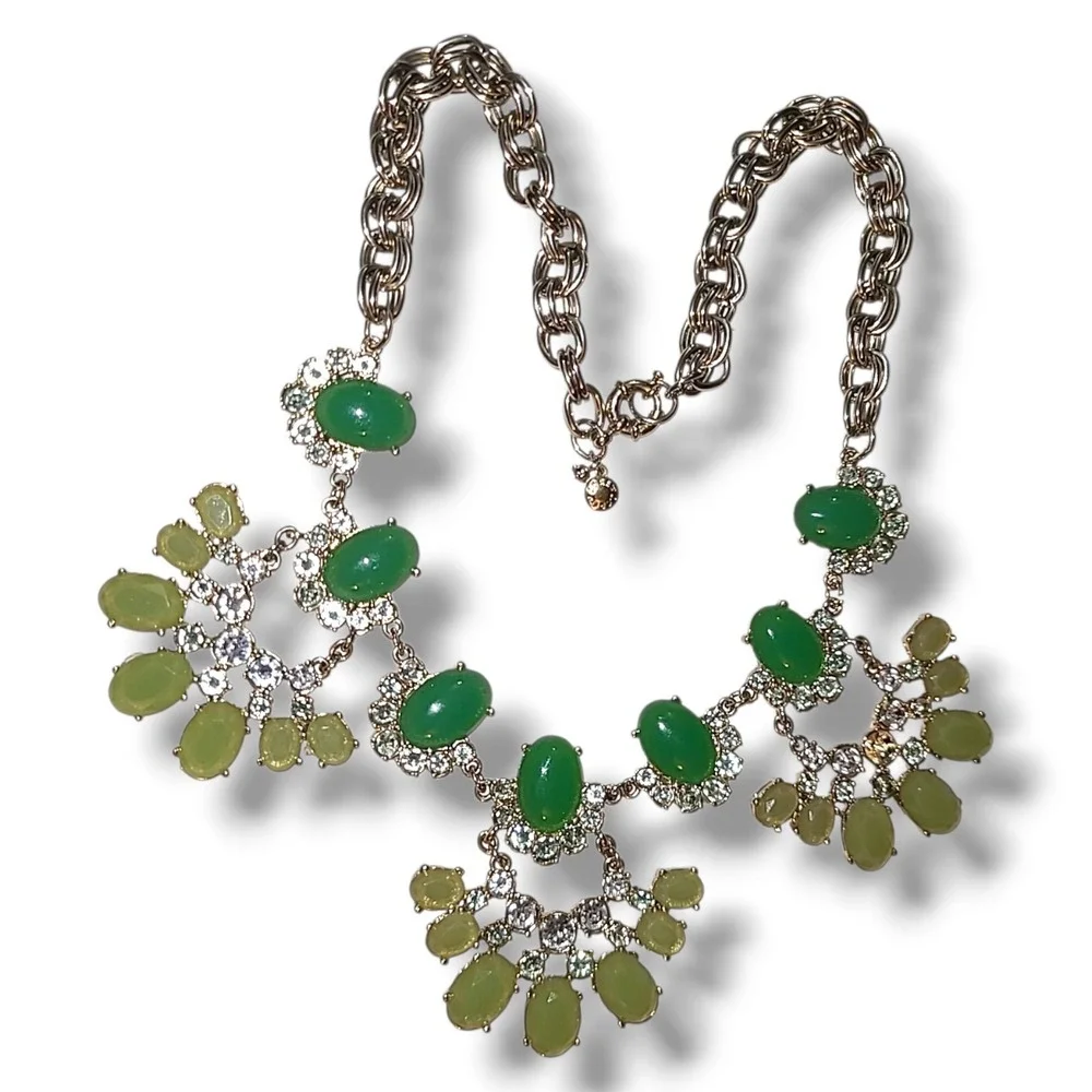 Vtg J.CREW Faux‎ Jade Rhinestone Double Rolo Springtime Statement Necklace 22